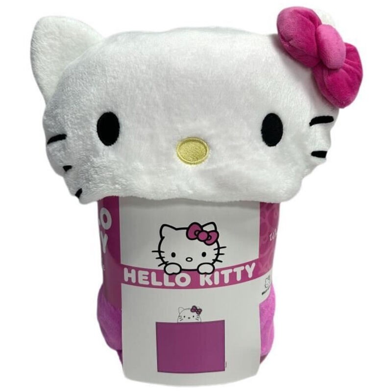 Soft pink and white 3D hooded plaid blanket featuring Hello Kitty's face, with a pink bow on the ear, measuring 120 x 150 cm.
