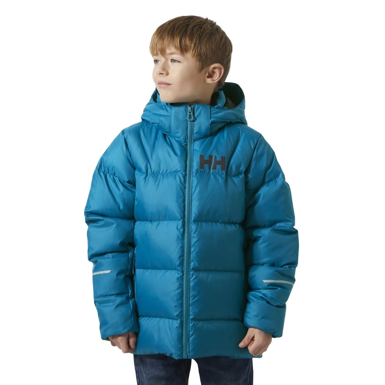 Bright blue puffer jacket for children by Helly Hansen, featuring a hood, zip closure, and reflective accents, with the "HH" logo on the chest.