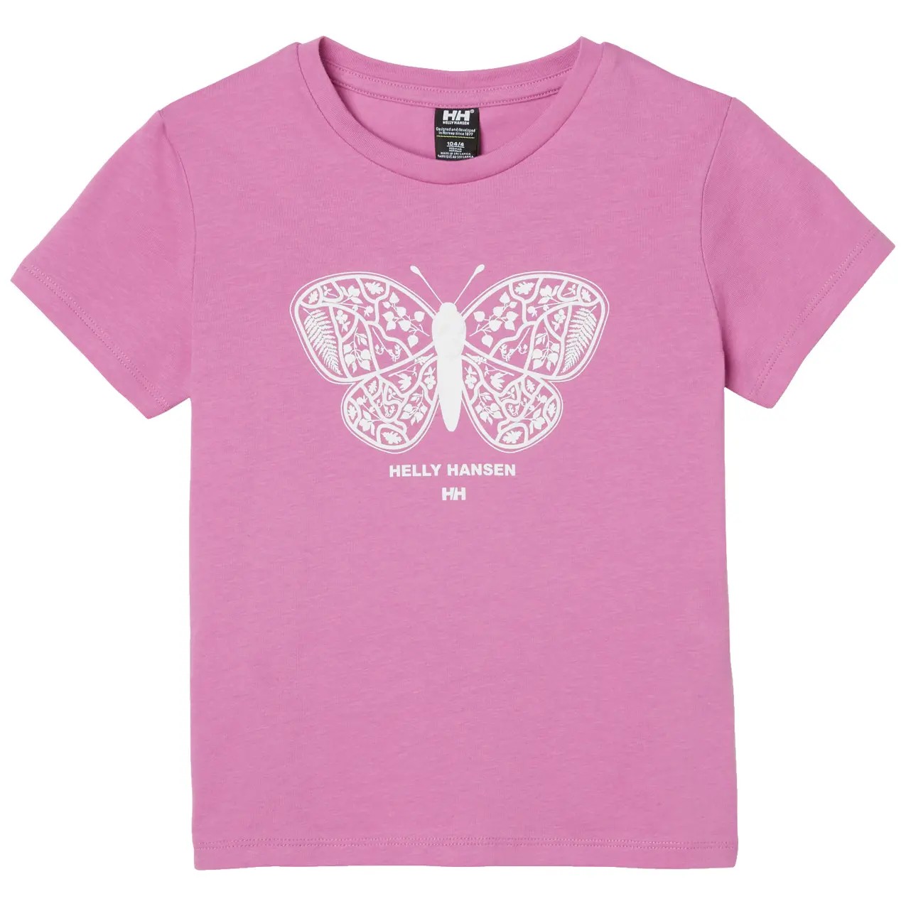 Light pink kid's T-shirt featuring a white butterfly graphic and "HELly HANSEN" text below, made from soft cotton material with a classic crew neck design.