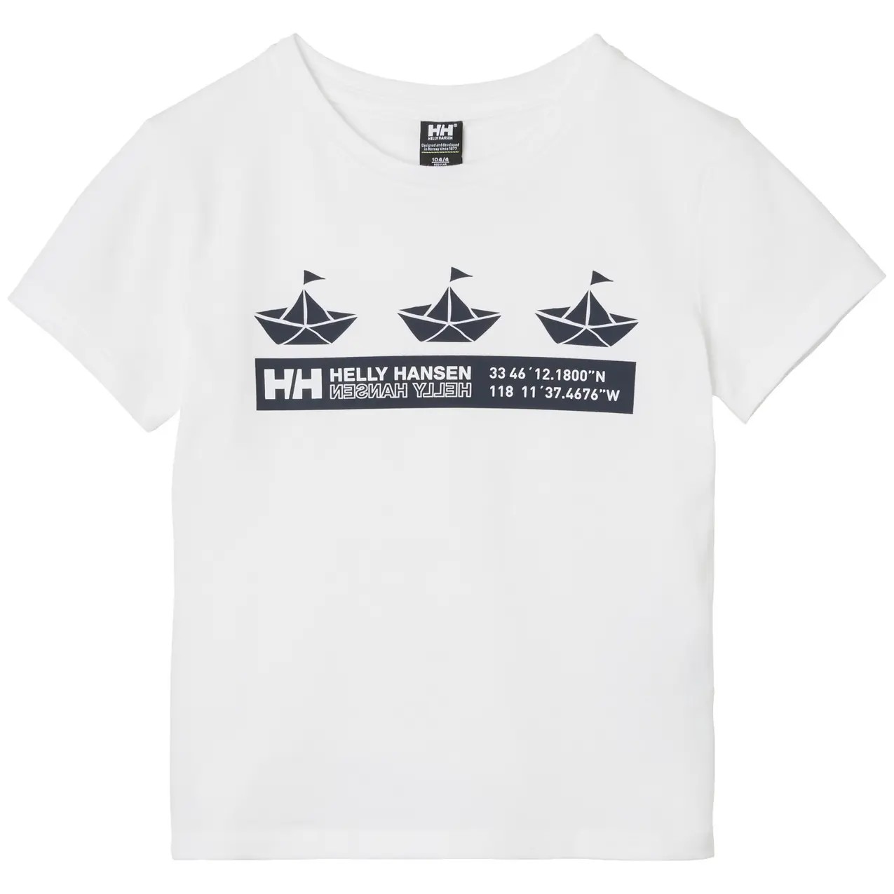 White kid's T-shirt featuring a graphic design of three sailboats and the Helly Hansen logo in navy blue, made from soft cotton material.