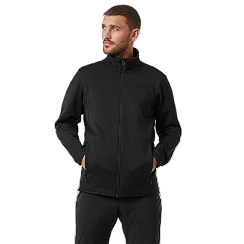 Black fleece jacket by Helly Hansen, featuring a high collar, front zipper, and side pockets, designed for warmth and comfort in outdoor activities.