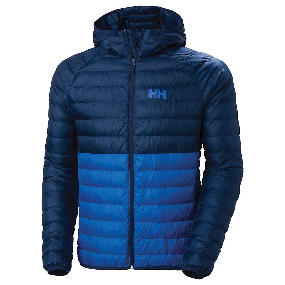 Cobalt blue hooded insulator jacket for men, featuring a quilted design with a mix of dark and light blue panels, made from polyamide, size XL, with Helly Hansen logo on the chest.