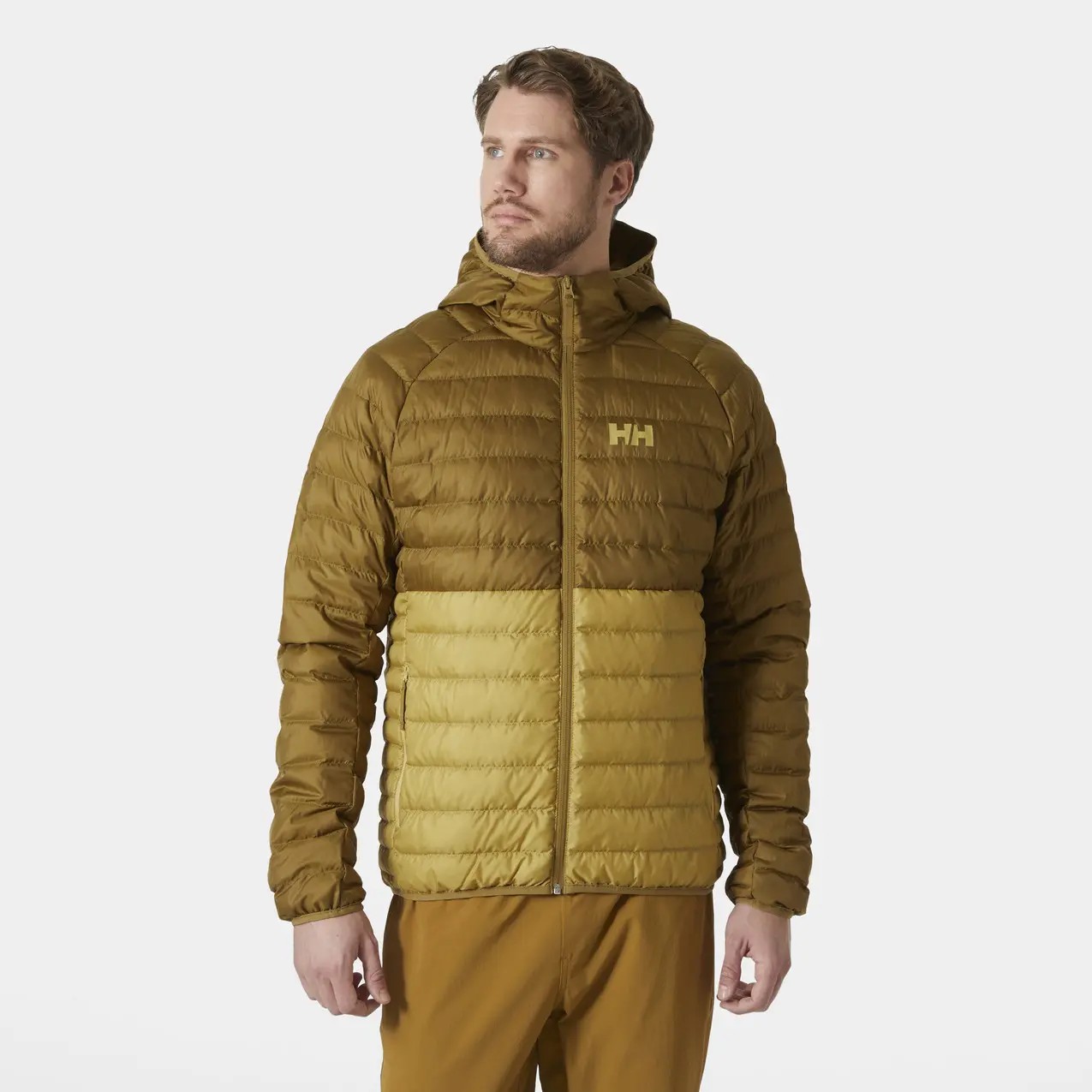 Banff Insulated Hooded Puffer jacket in a two-tone olive green and mustard color, featuring a zip front, quilted design, and Helly Hansen logo on the chest.