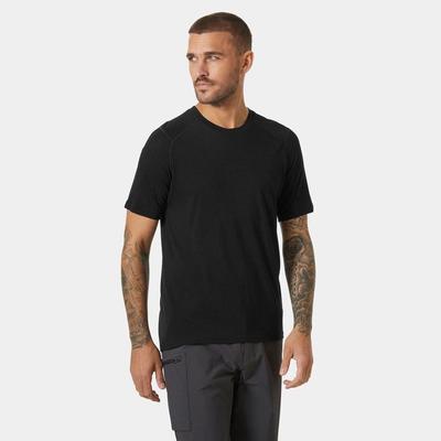 Black Helly Hansen Durawool T-shirt made from soft, breathable wool blend, featuring a classic crew neck and short sleeves, ideal for outdoor activities.