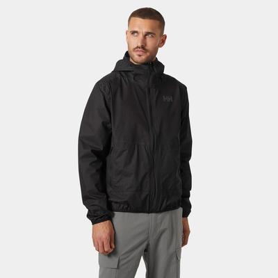 Black hooded waterproof jacket made from 2.5L fabric, featuring a front zip, adjustable cuffs, and a logo on the chest, designed for outdoor activities by Helly Hansen.