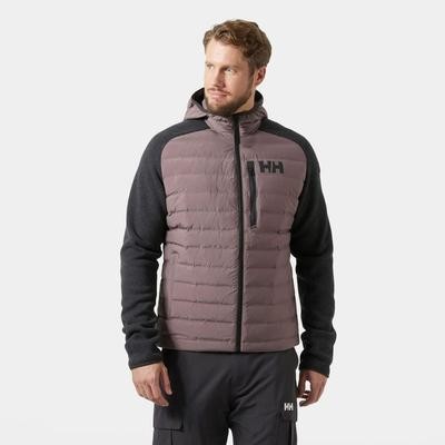Puffer jacket in a mix of light purple and dark gray, featuring a zippered front, hood, and Helly Hansen logo on the chest, designed for warmth and style.