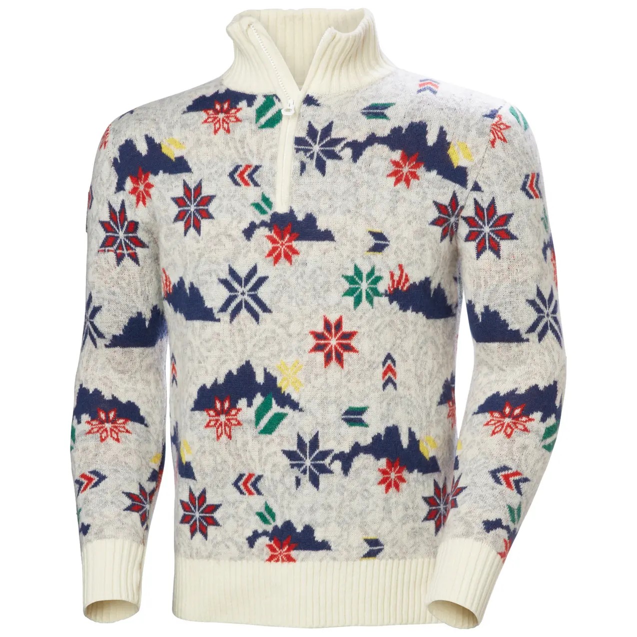 1/4 zip sweater in cream with a colorful pattern featuring red, blue, green, and yellow snowflakes and mountain motifs, made from warm, textured knit material.