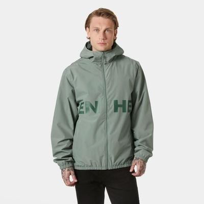 Light green waterproof jacket featuring a hood, elastic cuffs, and a prominent dark green "Helly Hansen" graphic on the front.