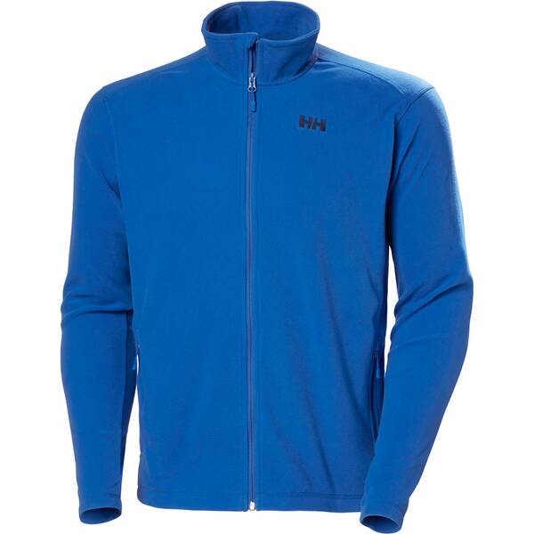 Bright blue fleece jacket with a high collar, full zip front, and Helly Hansen logo on the left chest, designed for warmth and comfort.
