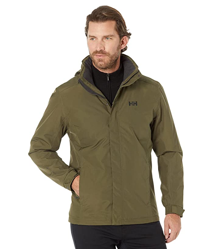 Men's Helly Hansen Dubliner Insulated Jacket in utility green, made of polyester and polyamide, featuring a hood, zip closure, and logo on the chest.