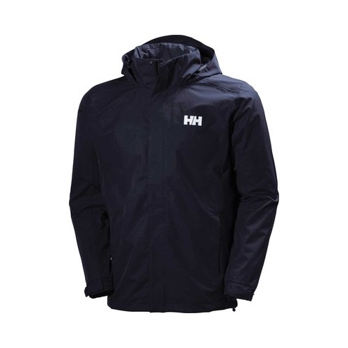 Navy Helly Hansen Dubliner men's jacket made of polyester, featuring a hood, front zipper, and the Helly Hansen logo on the chest.