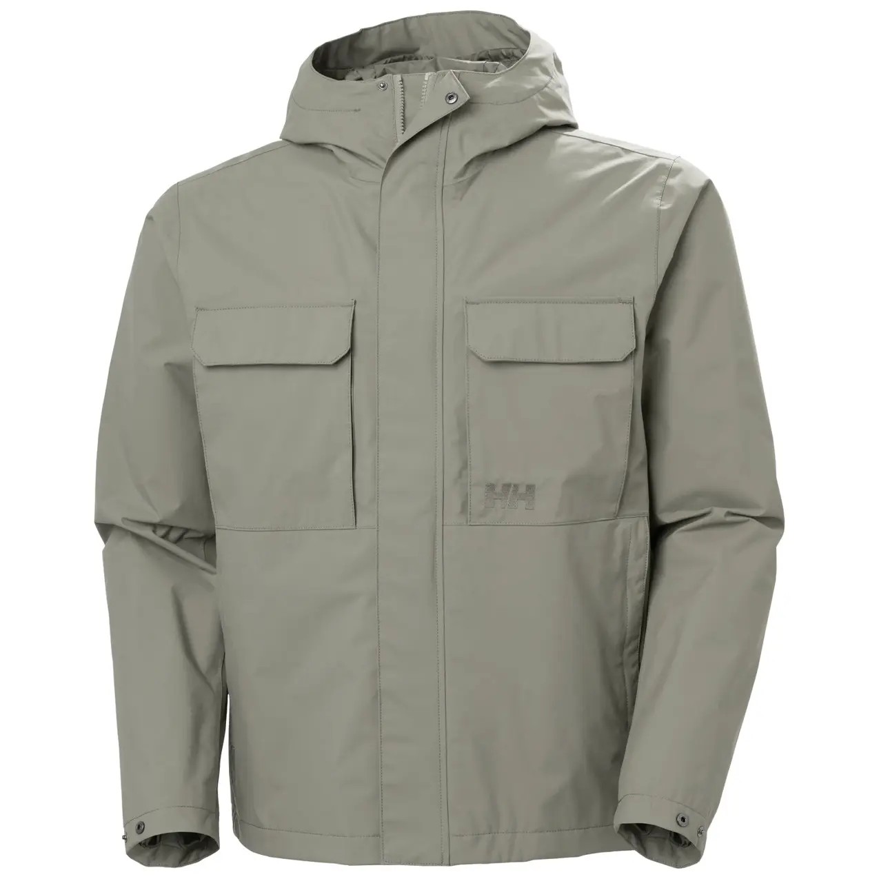 Light grey waterproof jacket by Helly Hansen with a hood, two front pockets, and a zip closure, made from durable, weather-resistant material.