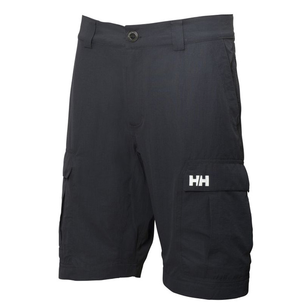 Navy quick-dry cargo shorts by Helly Hansen, size 38, featuring multiple pockets and a logo on the left leg, made from lightweight, durable fabric.