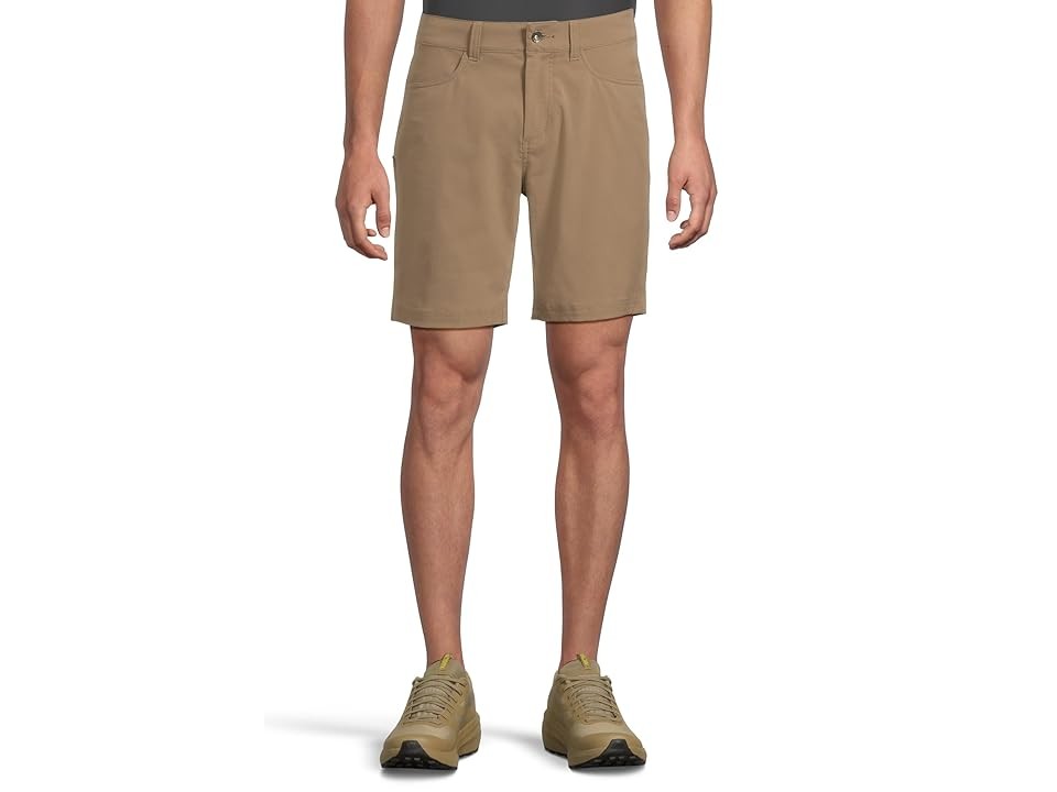Tan shorts featuring five pockets, a zip fly, and a comfortable fit, made from durable material, ideal for outdoor activities.