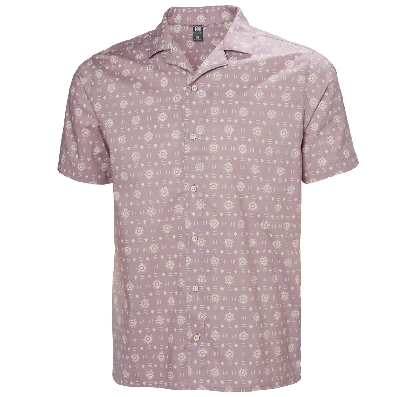 Short-sleeve, light purple shirt featuring a geometric pattern in white, made from breathable fabric, with a classic collar and button-down front.