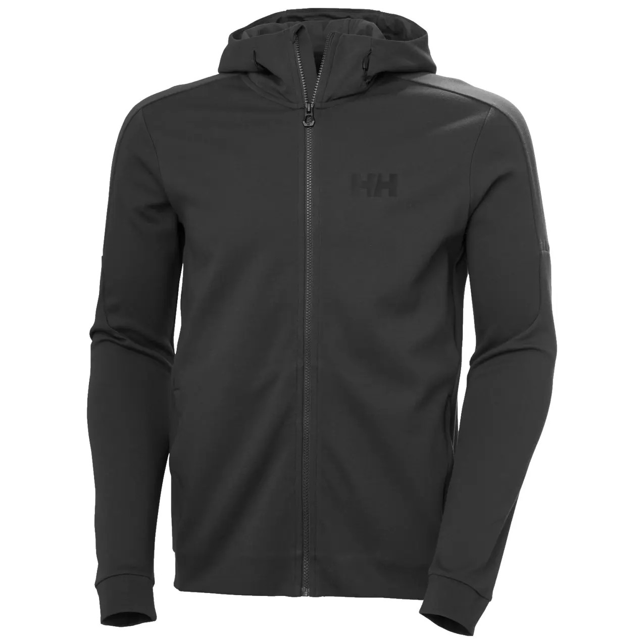 Dark gray zip-up hoodie by Helly Hansen, featuring a sleek design, soft material, and a hood, with the Helly Hansen logo subtly displayed on the front.