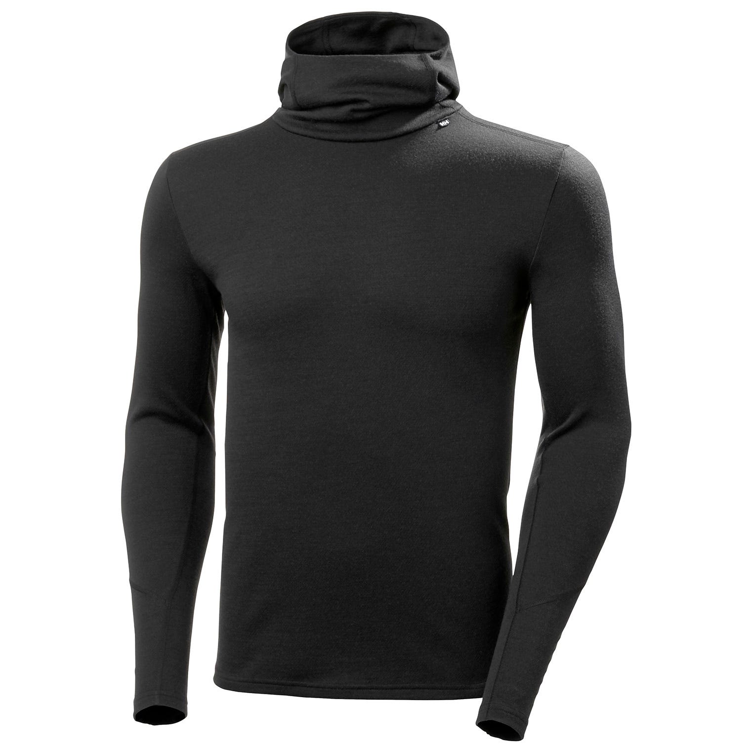 Black Helly Hansen Lifa Merino Midweight sweatshirt featuring a high neck, long sleeves, and a fitted design, made from a soft, breathable blend of merino wool and synthetic fibers.