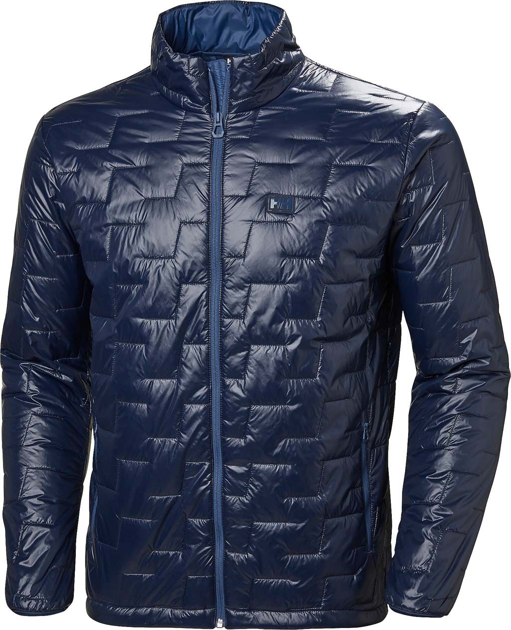 Navy blue Lifaloft puffer jacket by Helly Hansen, featuring a quilted design, high collar, and front zipper, made from lightweight, insulated material for warmth.