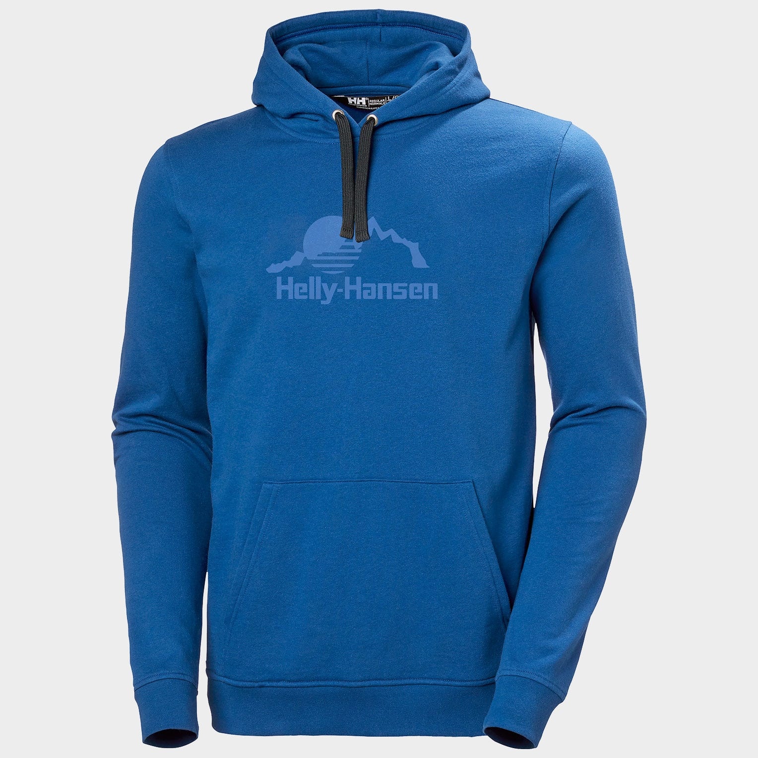 Blue Helly Hansen Nord Graphic Hoodie featuring a front kangaroo pocket, a drawstring hood, and a subtle logo graphic across the chest.