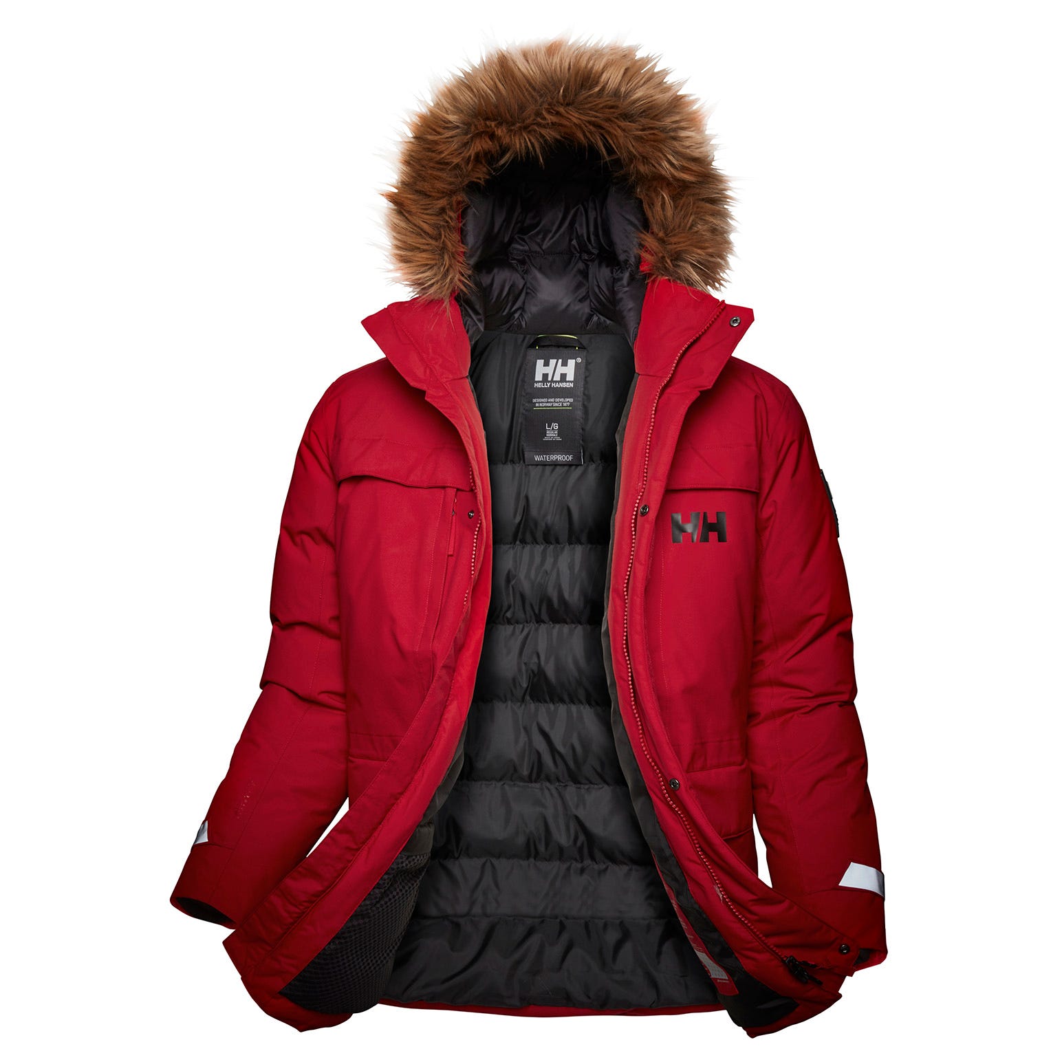 Red parka jacket by Helly Hansen featuring a faux fur-lined hood, zippered front, and black interior with quilted lining, ideal for cold weather.