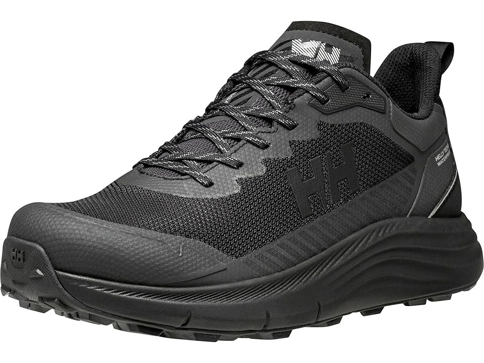 Black synthetic climbing shoes featuring a textured upper, reinforced toe cap, and a cushioned sole with deep treads for grip, designed for men's size 10 D - Medium.