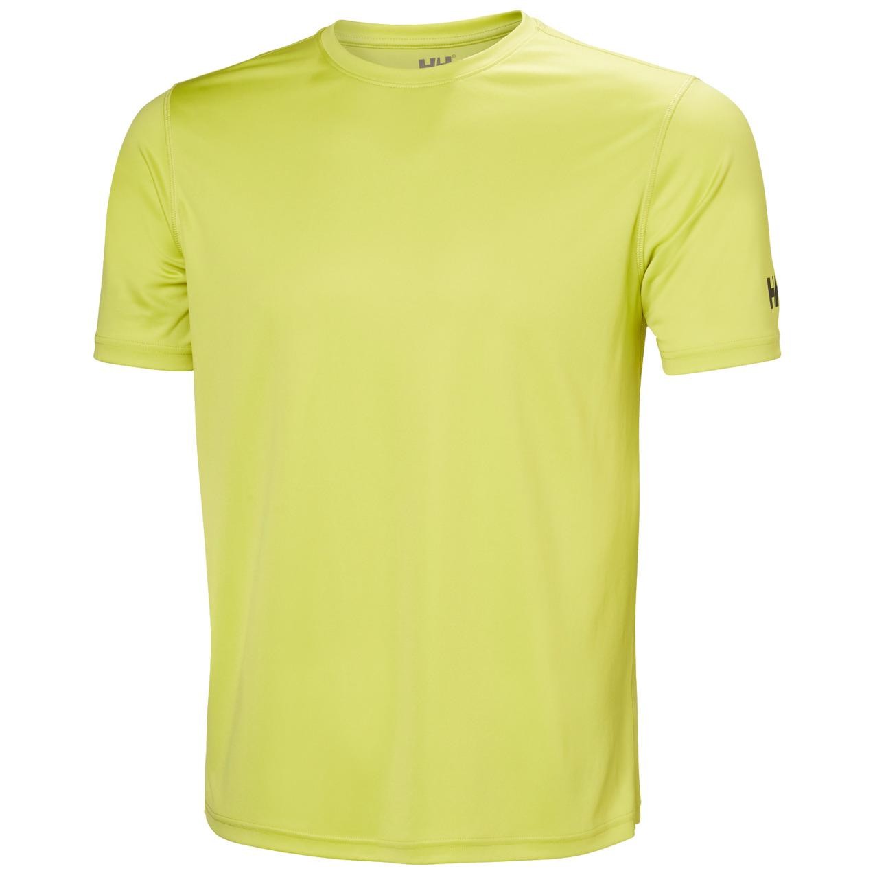 Bright yellow short-sleeve jersey made from lightweight, moisture-wicking material, featuring a round neckline and Helly Hansen logo on the sleeve.