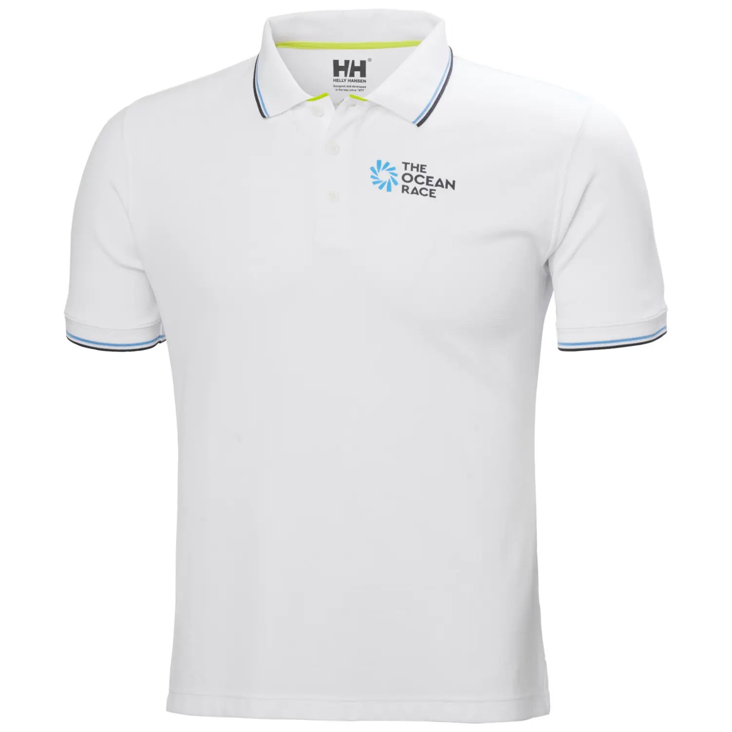 White polo shirt with contrasting blue collar and sleeve stripes, featuring "THE OCEAN RACE" logo on the chest, made from breathable material by Helly Hansen.