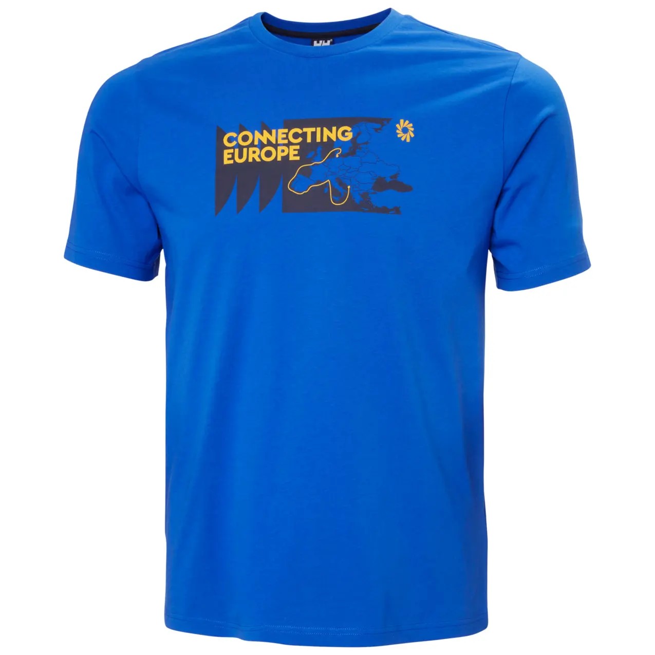 Bright blue T-shirt featuring the text "Connecting Europe" and a graphic design of Europe, made from soft, breathable material, ideal for casual wear or outdoor activities.