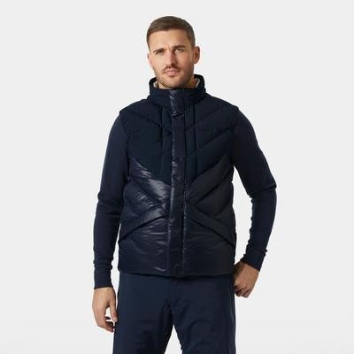 Navy blue down jacket featuring a quilted design, high collar, and zip closure, worn by a man against a plain background.