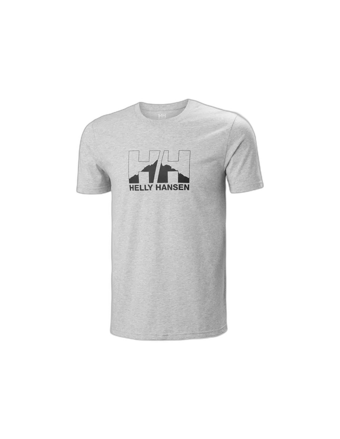 Light gray short-sleeve T-shirt featuring a black Helly Hansen logo graphic on the front, made from soft cotton material for comfort.
