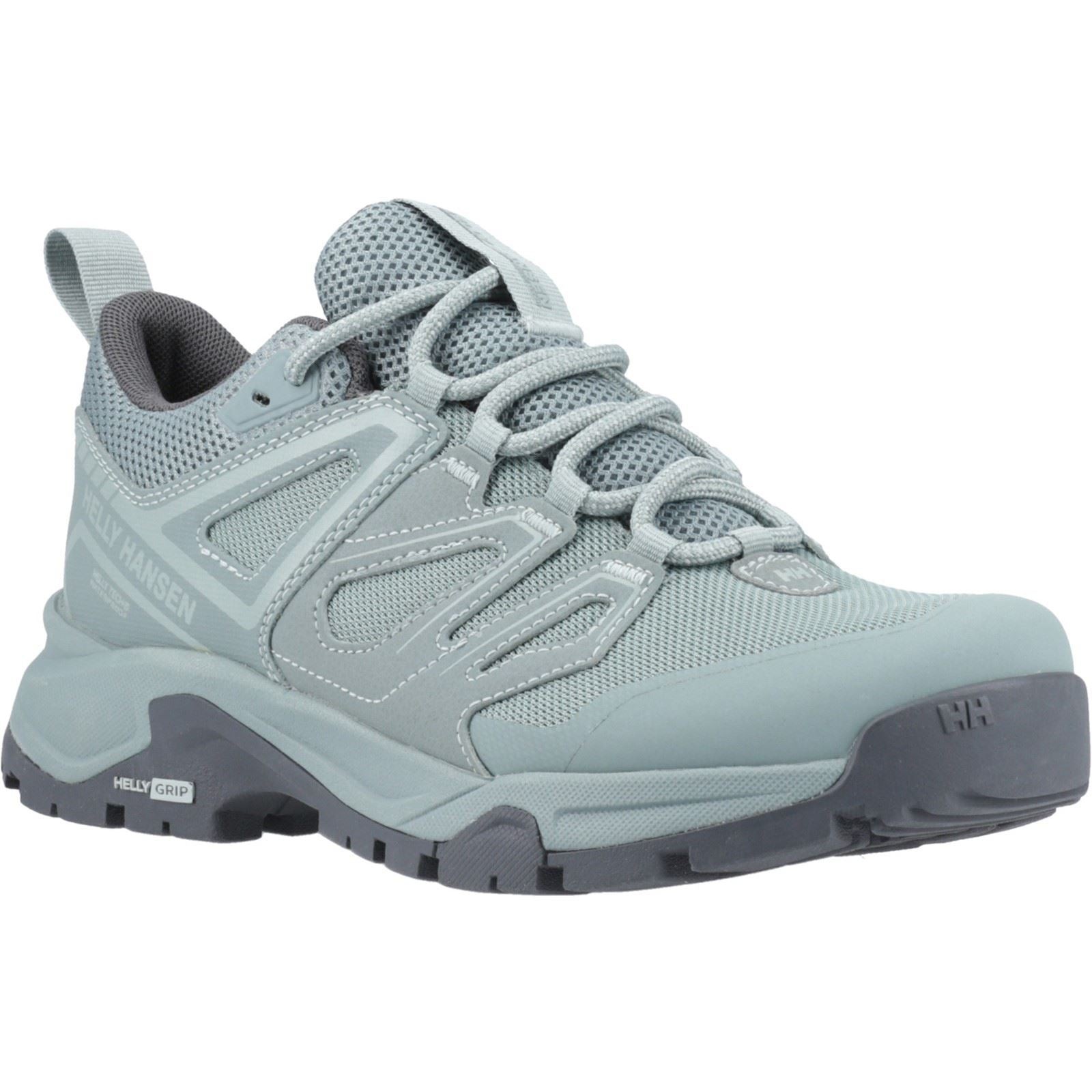 Light blue women's hiking shoes with a breathable mesh upper, reinforced toe cap, and Helly Grip outsole for traction, featuring a cushioned collar and flexible lacing system.