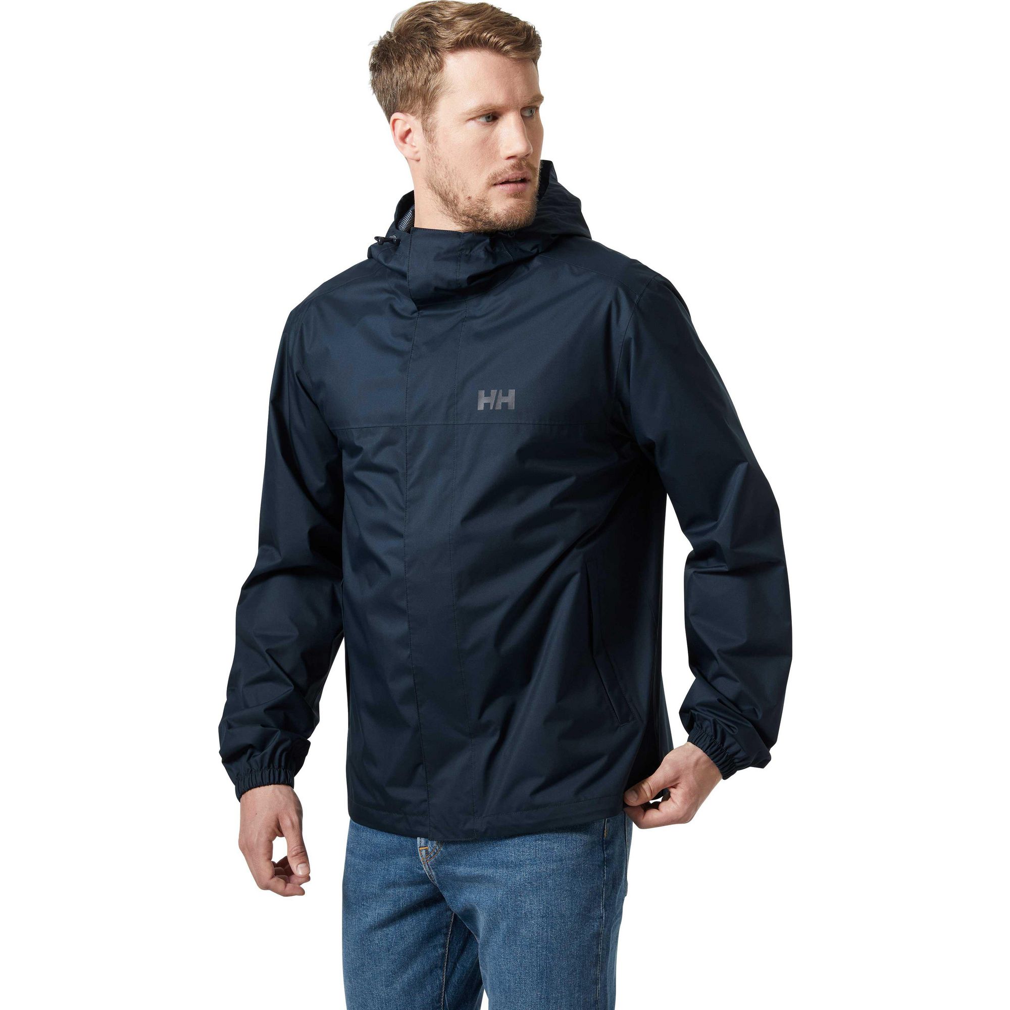 Men's black Helly Hansen Vancouver rain jacket made of polyamide and polyester, featuring a hood, elastic cuffs, and a subtle logo on the chest.