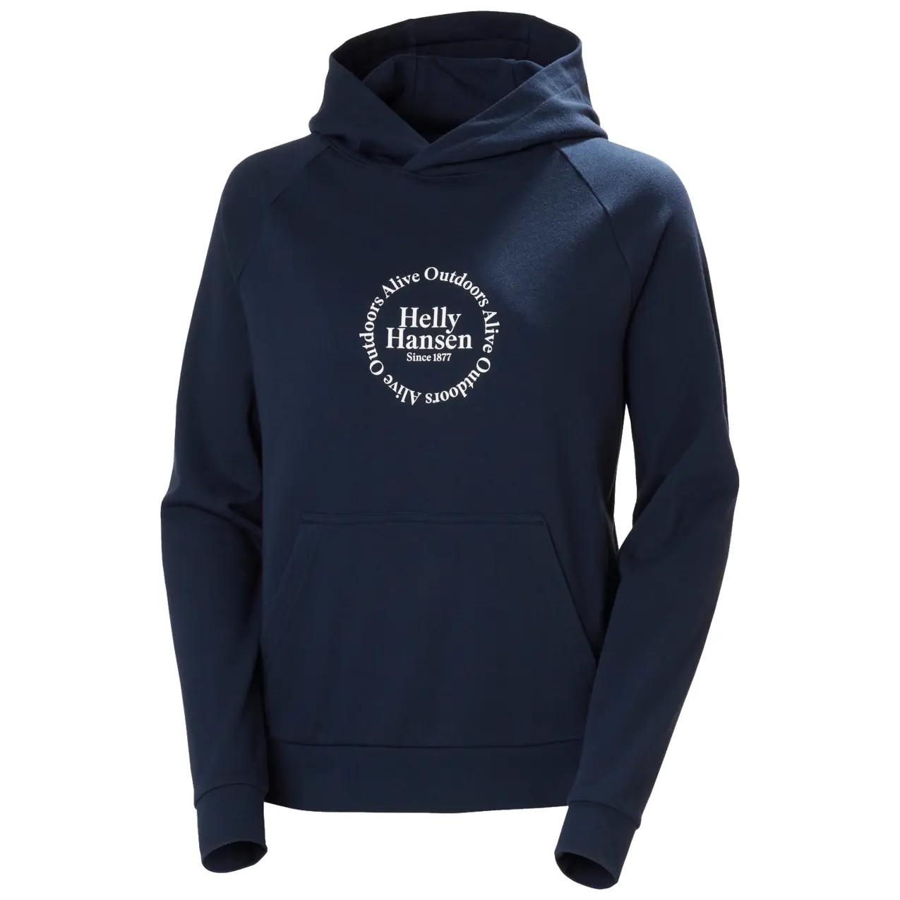 Navy blue women's sweatshirt with a hood, featuring a front pocket and a circular Helly Hansen graphic logo in white on the chest.