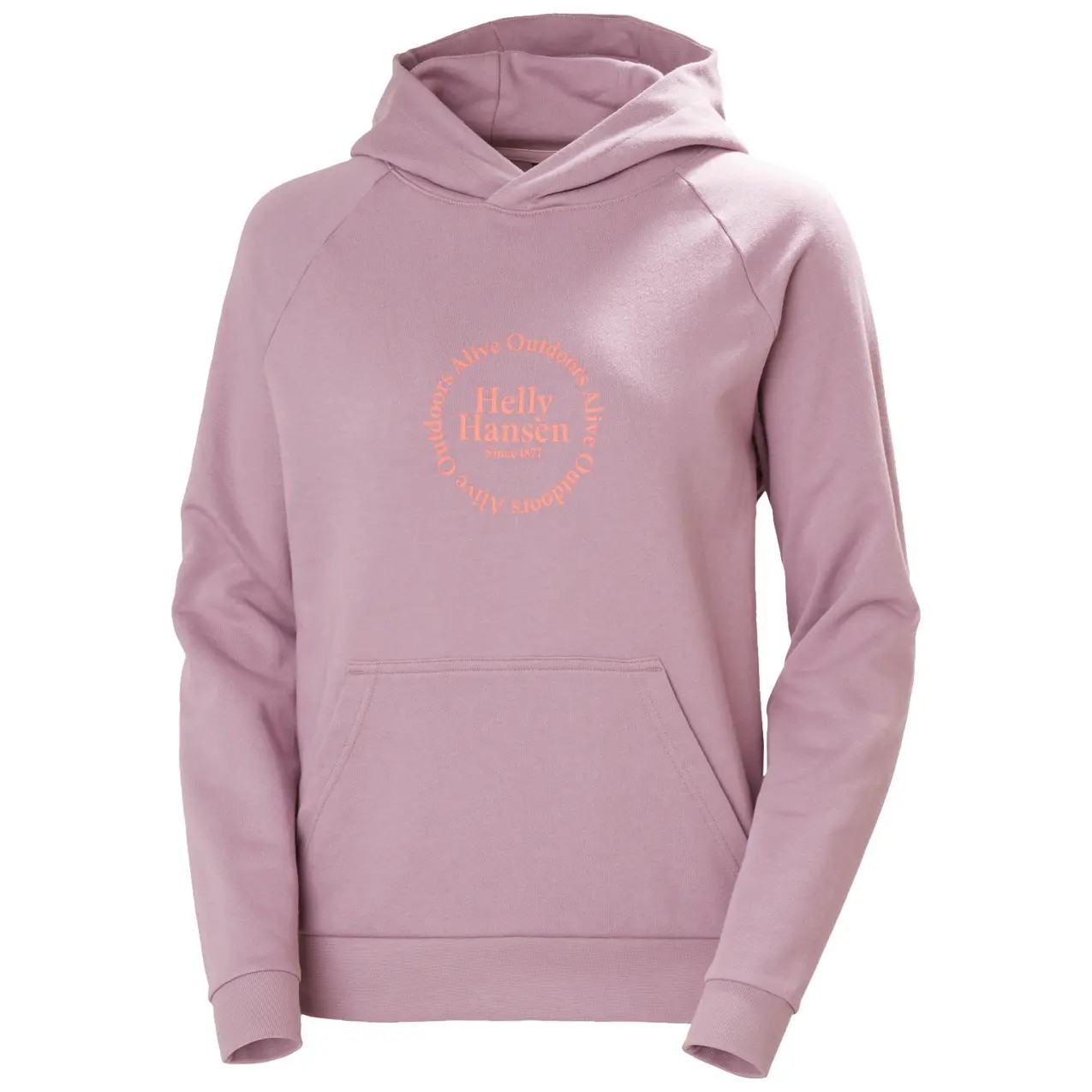 Light pink women's sweatshirt by Helly Hansen featuring a hood, front pocket, and circular graphic logo in orange on the chest.