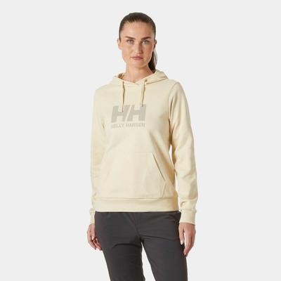 Light beige women's sweatshirt featuring a front pocket, drawstring hood, and a large gray Helly Hansen logo across the chest, made from soft, comfortable material.