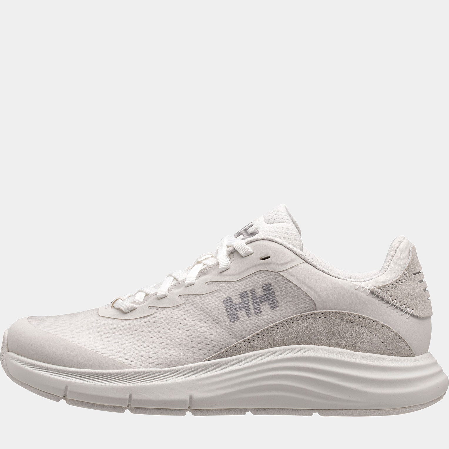 White women's trainers with a breathable mesh upper, padded collar, and textured grey accents, featuring a cushioned sole for comfort and support.