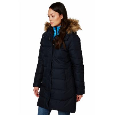 Navy blue puffer coat with a fur-lined hood, featuring a zip and button closure, side pockets, and a fitted silhouette, worn by a woman standing against a white background.