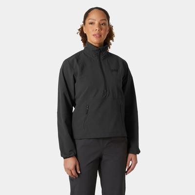 Women's Helly Hansen Cascade Shield waterproof jacket in black, featuring a half-zip front, high collar, and side zip pocket, designed for outdoor protection and comfort.
