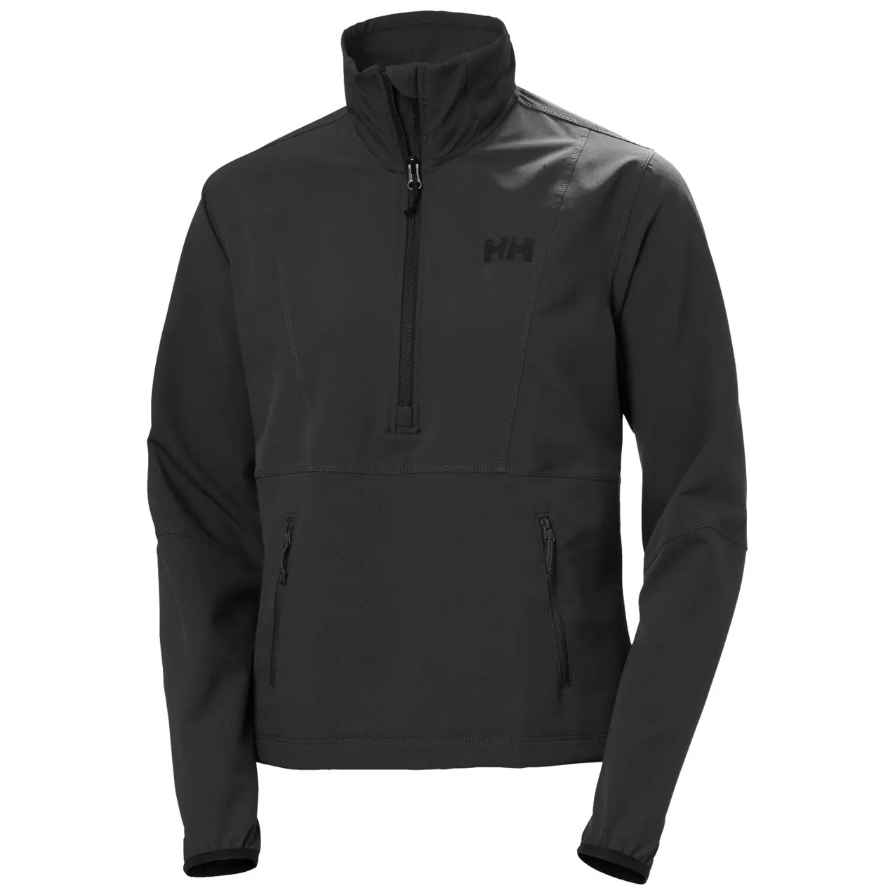 Women's Helly Hansen Cascade Shield jacket in black, featuring a half-zip front, high collar, and two zippered side pockets, made from waterproof material for outdoor protection.