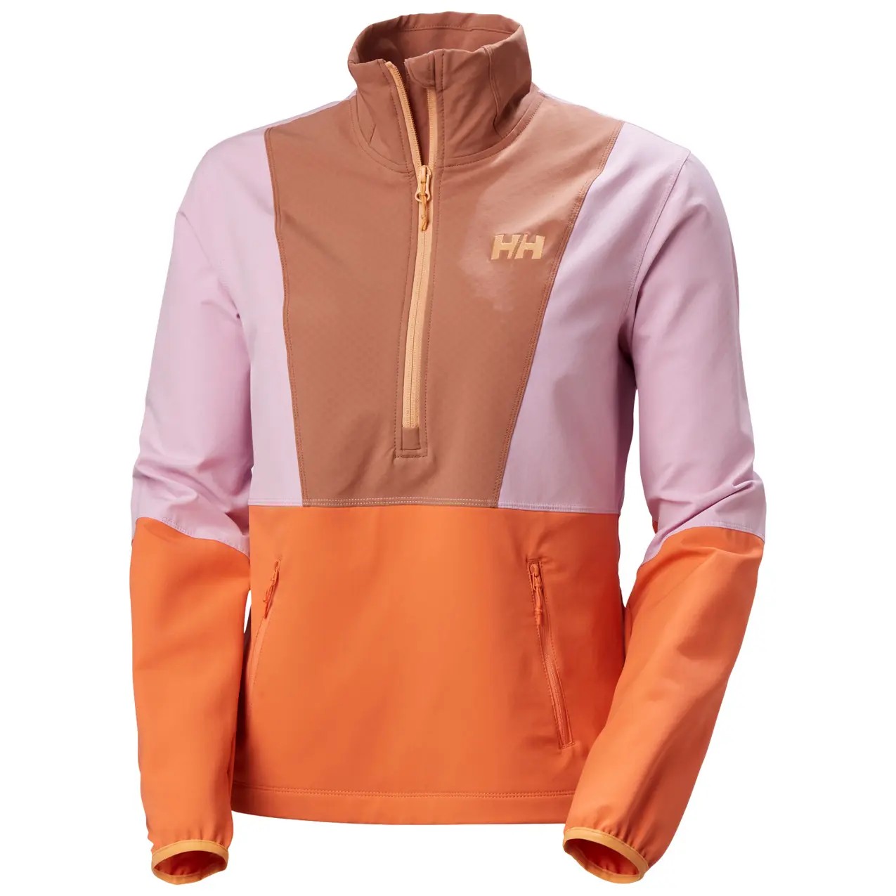 Women's Helly Hansen Cascade Shield waterproof jacket featuring a color-block design in orange, pink, and brown, with a half-zip front and high collar for added protection.