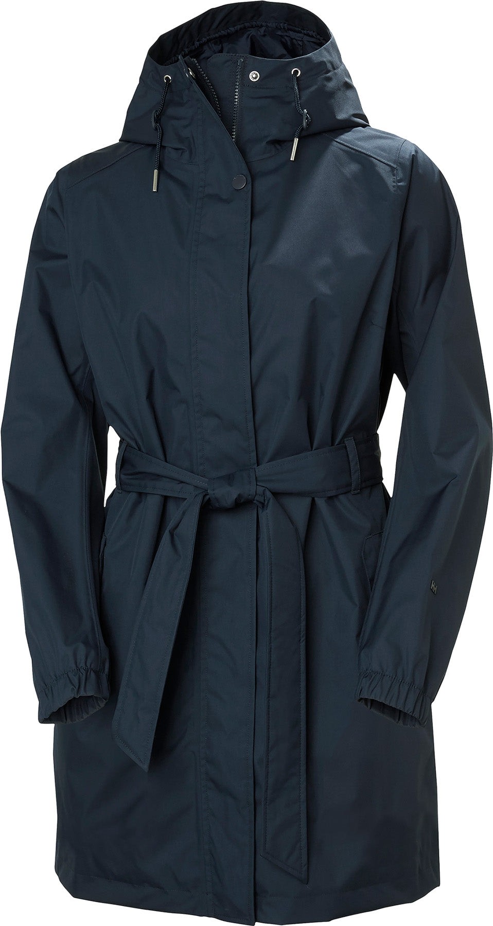 Navy blue women's waterproof trench jacket by Helly Hansen, featuring a belted waist, adjustable hood, and elastic cuffs for a stylish and functional design.
