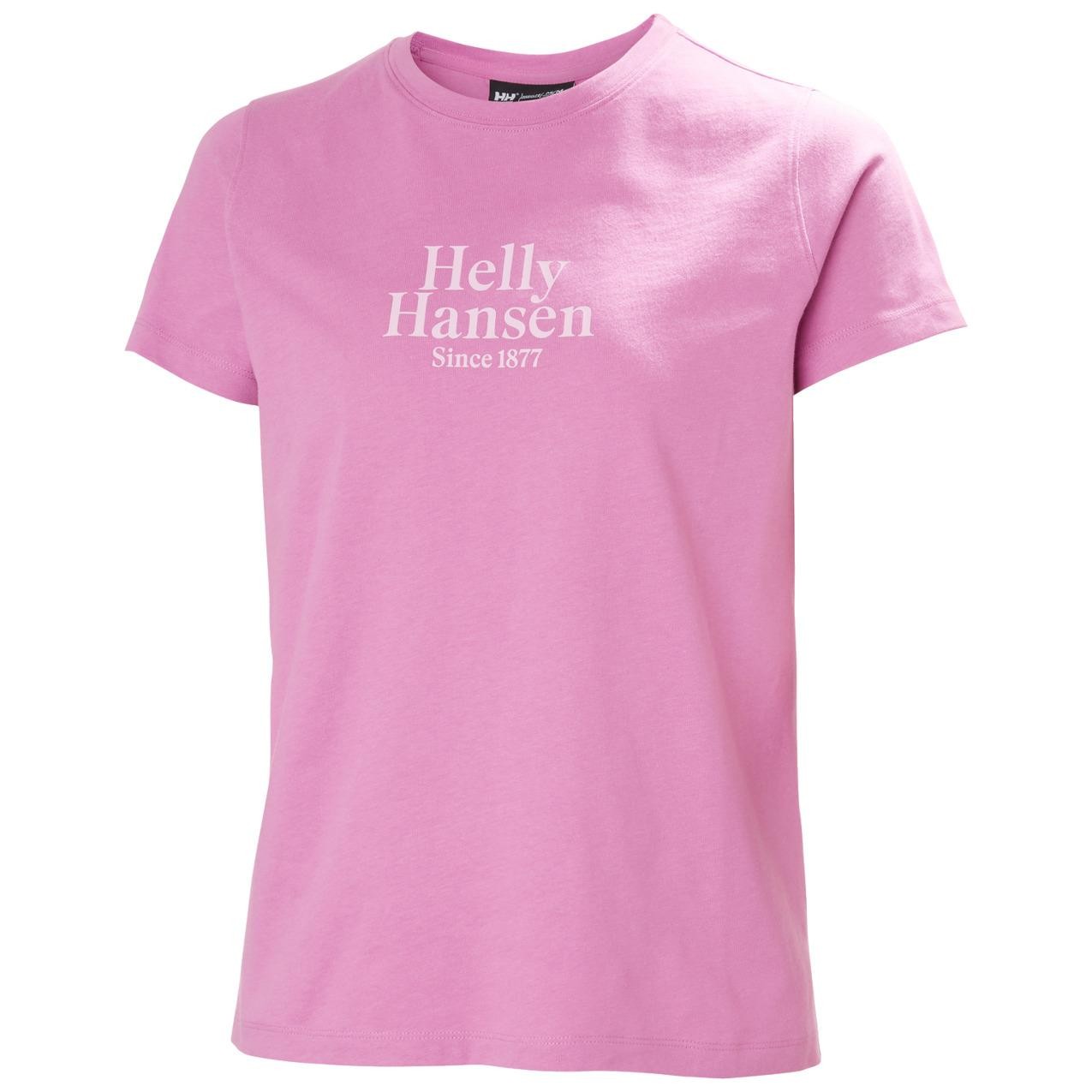 Pink women's T-shirt by Helly Hansen, made of soft cotton, featuring a crew neck and a white graphic print that reads "Helly Hansen Since 1877" on the front.