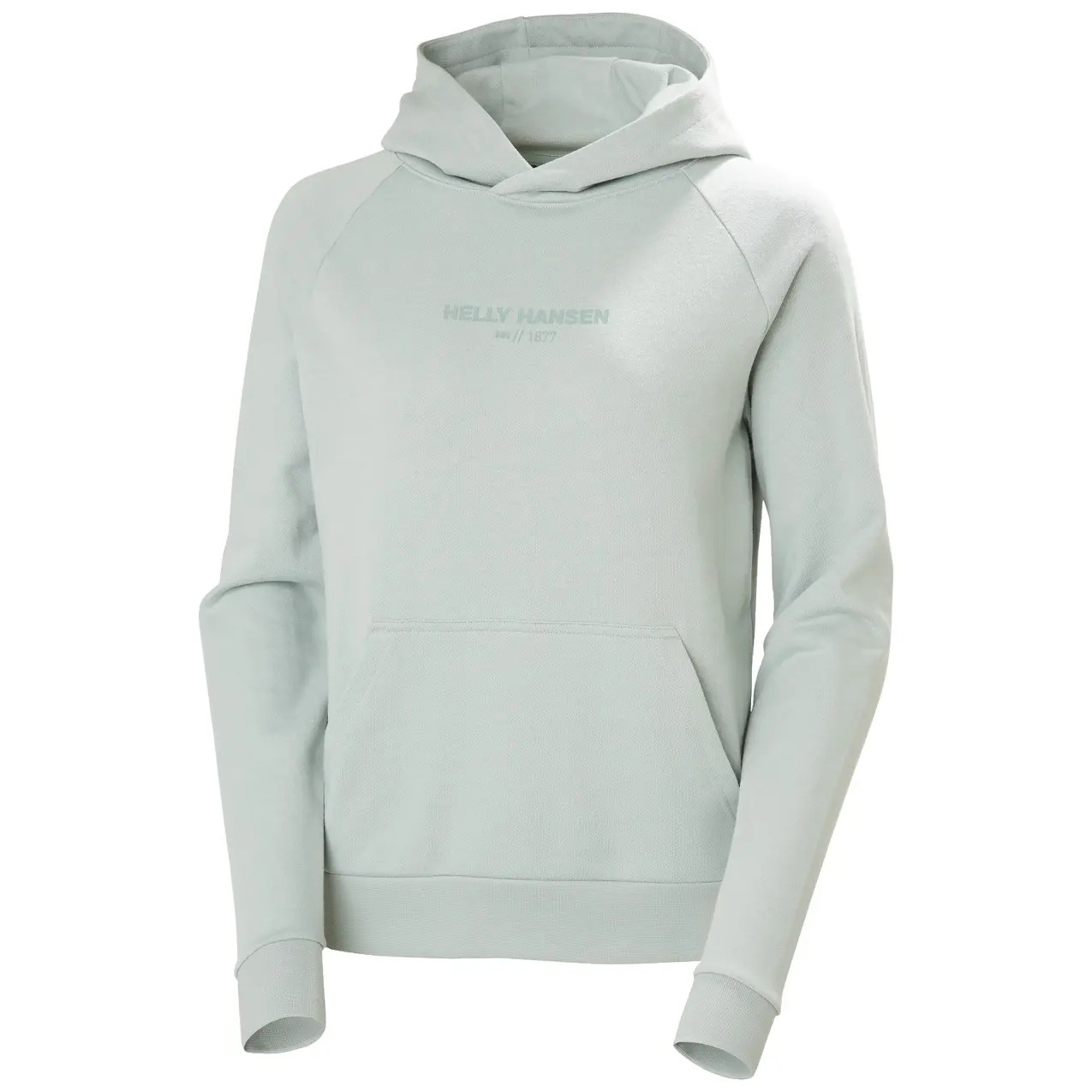 Light green women's sweatshirt by Helly Hansen, featuring a hood, long sleeves, and a front pocket, with the brand logo printed in a subtle tone on the chest.