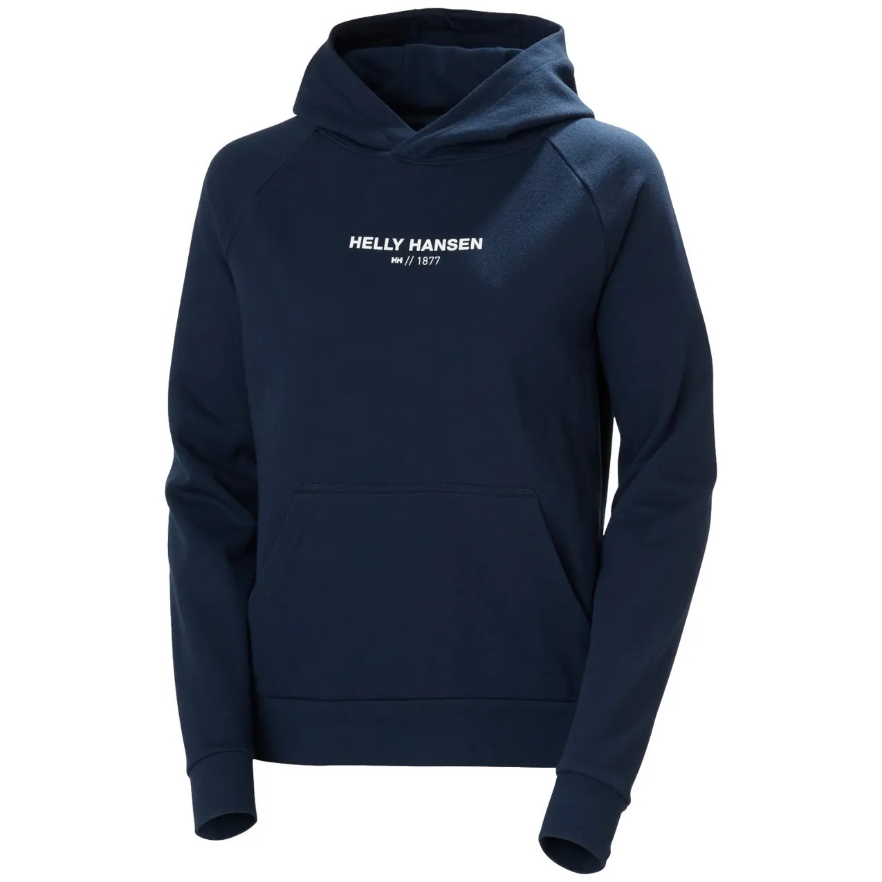 Navy blue women's sweatshirt with a hood, featuring a white "HELly HANSEN" logo on the chest and a front kangaroo pocket, made from soft, comfortable material.