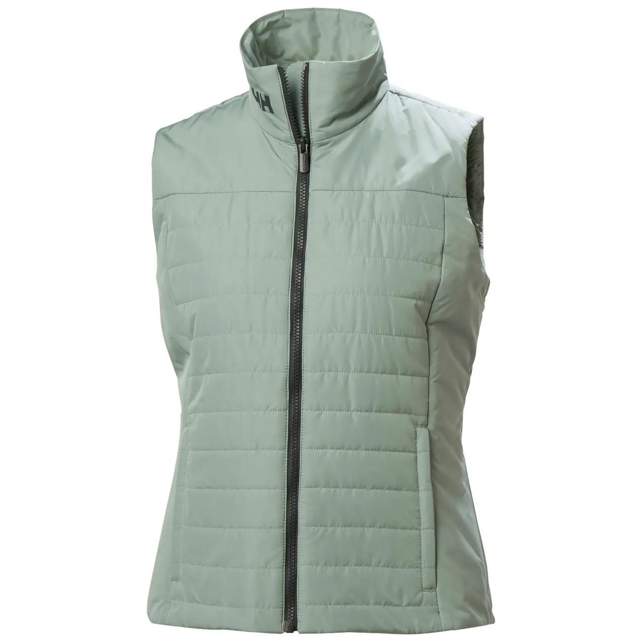 Light green sleeveless women's jacket with a high collar, featuring a front zipper and quilted design, ideal for insulation and layering.