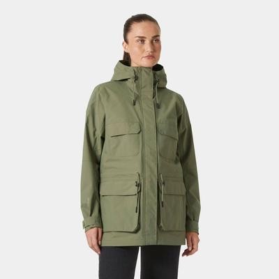 Women's Helly Hansen Escape Utility jacket in olive green, made from waterproof material, featuring a hood, multiple front pockets, and adjustable cuffs.