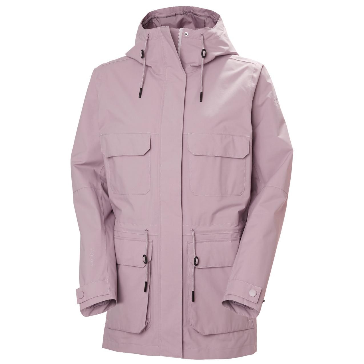 Light pink waterproof jacket with a hood, featuring two front pockets, adjustable cuffs, and drawstrings at the waist for a tailored fit, made from durable material.