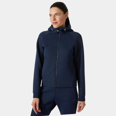 Women's navy waterproof jacket featuring a full zip, adjustable hood, and contrasting green accents, designed for outdoor activities by Helly Hansen.