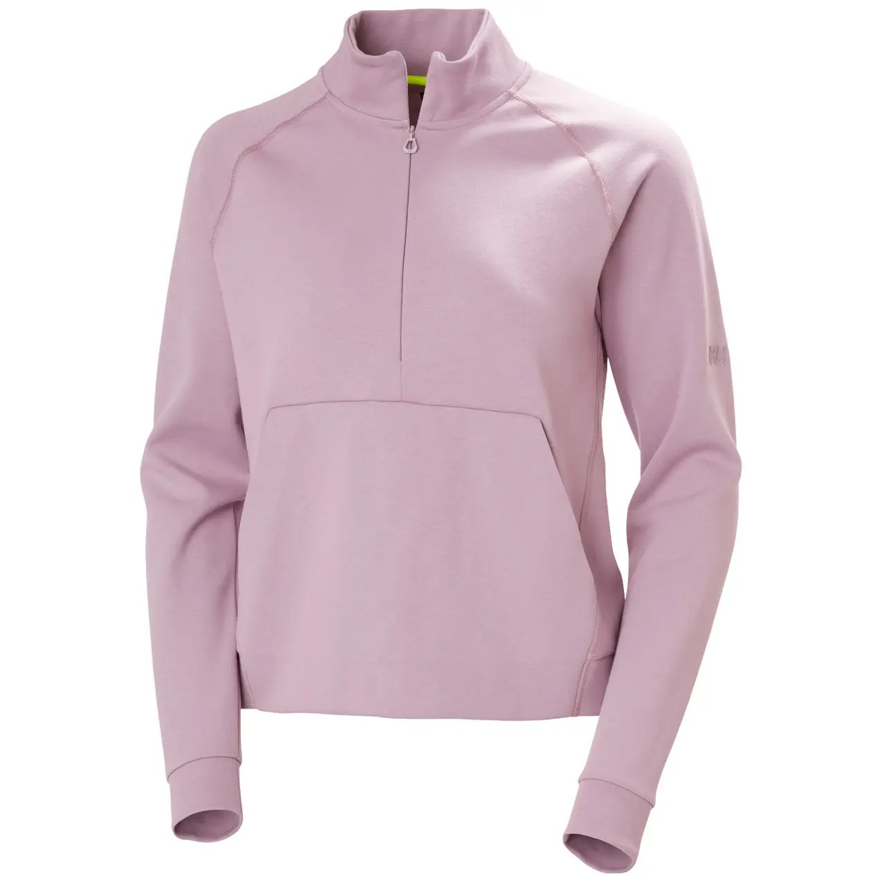 Light pink 1/2 zip sweatshirt for women by Helly Hansen, featuring a high collar, long sleeves, and a front pocket, made from soft, breathable HP Tech material.