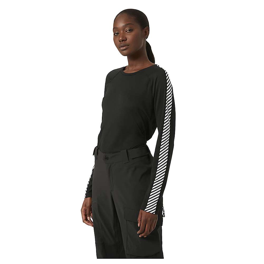 Black long-sleeve sweatshirt with a crew neck, featuring white striped accents on the sleeves, made from lightweight, moisture-wicking material, ideal for active wear.